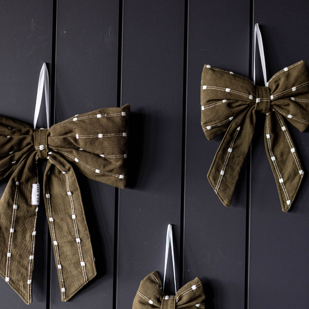 Bows Olive Green & White Dotted Stripe Fabric