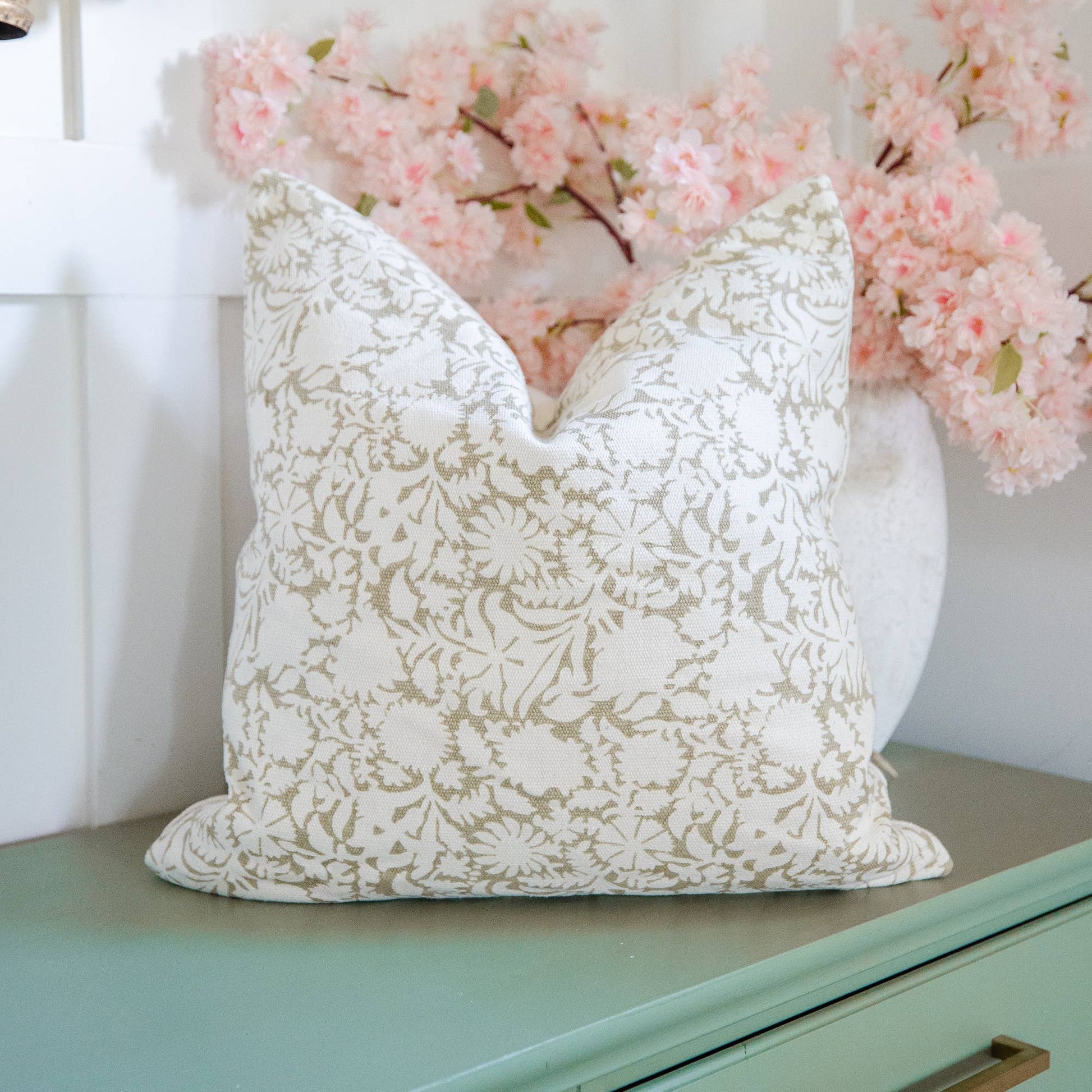Floral Cotton Pillow Cover in Olive Green - Main Image